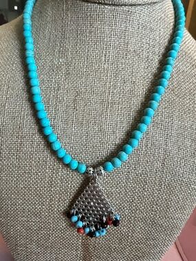 Turquoise Beaded Necklace with Silver-Tone Pendant - Unbranded